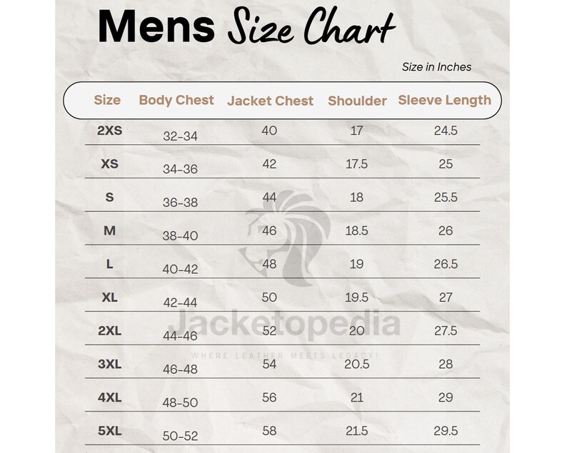 May include: Size chart for jackets and shirts, showing measurements in inches for body chest, jacket chest, shoulder, and sleeve length. Sizes range from 2XS to 5XL.