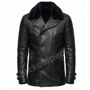 May include: Black leather double-breasted coat with a black fur collar. The coat features a classic design with multiple buttons, a notched lapel, and buckle details on the sleeves. A stylish outerwear piece.