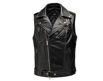 Men's Black Leather Vest - Motorcycle Zipper Vest with Belt
