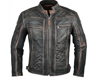 Chaqueta motera de cuero negro desgastado para hombre – Abrigo motero vintage estilo café racer