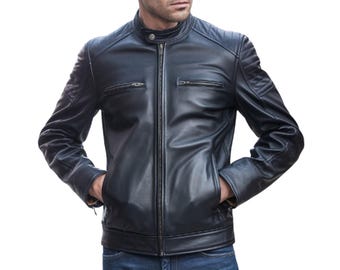 Men's Black Leather Jacket Biker Style with Quilted Sleeves