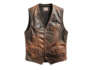 Men's Brown Leather Vest - Distressed Button-Up Vest with Zipper Pockets
