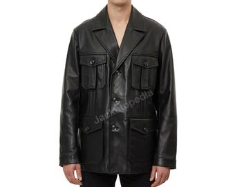 Men’s Long Black Leather Utility Coat – Real Leather Safari Trench Jacket with Pockets