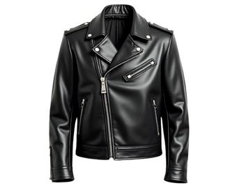 Chaqueta de motociclista de cuero negro para hombre, hecha a mano: cremallera asimétrica