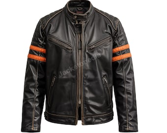 Men's Real Leather Cafe Racer Jacket – Black Motorcycle Jacket with Orange Racing Stripes