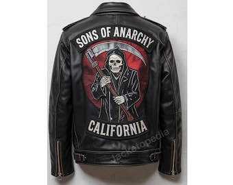 Handmade SOA Jax Teller Leather Biker Jacket: Grim Reaper Halloween Design