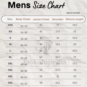 May include: A size chart for men's jackets, with measurements in inches. The chart includes sizes from 2XS to 5XL, detailing body chest, jacket chest, shoulder, and sleeve length measurements. The text "Mens Size Chart" is at the top.