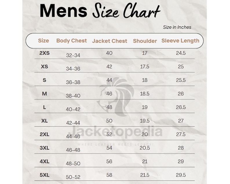 May include: A size chart for men's jackets, with measurements in inches. The chart includes sizes from 2XS to 5XL, detailing body chest, jacket chest, shoulder, and sleeve length measurements. The text "Mens Size Chart" is at the top.