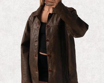 Vintage Brown Leather Bomber Jacket: Oversized 90s Minimalist Coat