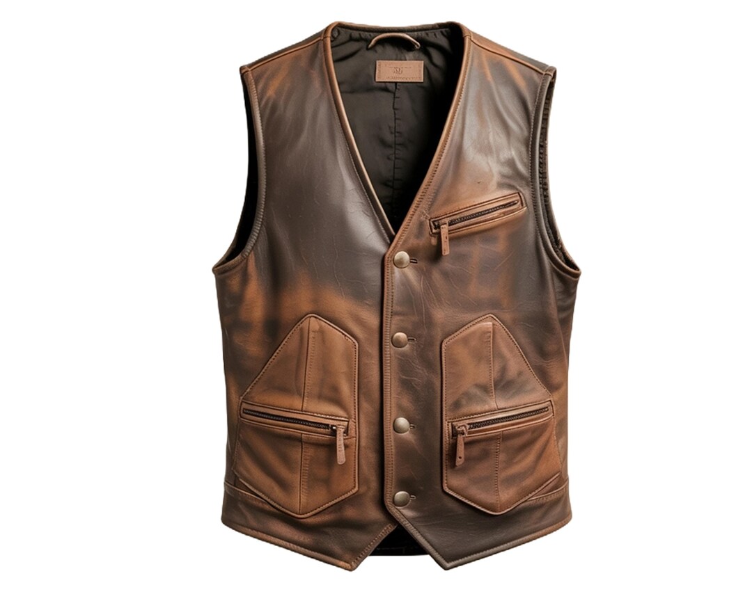 Men's Brown Leather Vest - Distressed Button-up Vest With Zipper ...