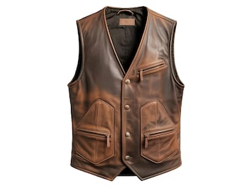 Men's Brown Leather Vest - Distressed Button-Up Vest with Zipper Pockets
