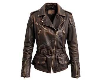 Women’s Brown Leather Biker Jacket – Vintage Moto Style with Belt, Zippers & Quilted Shoulders
