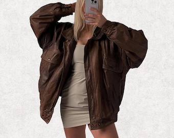 Vintage Brown Oversized Leather Jacket for Women – Baggy Loose-Fit 90s Boyfriend Style, Distressed Streetwear
