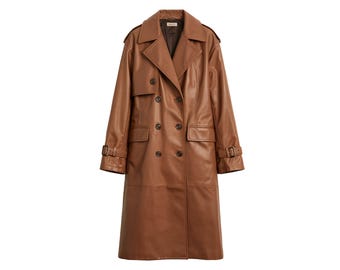 Women's Tan Leather Trench Coat - Double-Breasted Long Coat