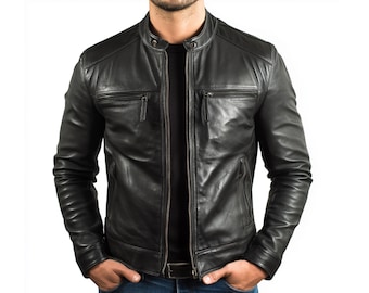 Handmade Stylish Black Leather Jacket for Men - Trendy & Durable Biker Jacket