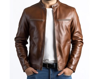 Handemade Men's Brown Leather Jacket - Stylish Biker Moto Coat