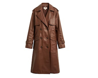 Women's Brown Leather Trench Coat - Double-Breasted Long Coat with Belted Cuffs