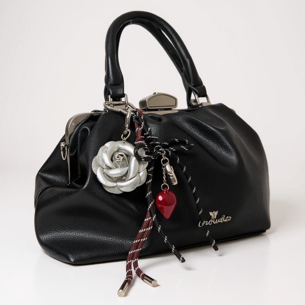 Silver Rose Bag Charm | Heart & Bow Purse Accessory | Romantic Gothic Keychain | Gift for Her | Edgy Feminine Style