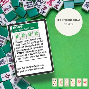 Könnte beinhalten: Draufsicht auf ein Mahjong-Spiel-Setup. Das Bild zeigt ein Tablet mit Spielanweisungen, umgeben von grünen und weißen Spielsteinen. Auf dem Tablet steht "KONG: Four identical tiles". Ein weißer Kreis zeigt "3 DIFFERENT CHEAT SHEETS".