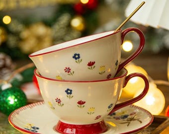 Vintage Hand-Painted Floral Teacup Set | Red-Trimmed Floral Ceramic Coffee Cup