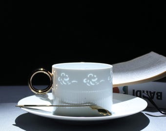 Translucent Porcelain Coffee Cup & Saucer | Gold Accent Hollowed Tea Set