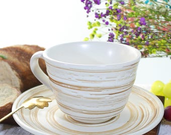 Rustic Wood Texture Ceramic Cup & Saucer | Brown Accent Mug Set
