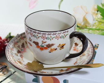 Bohemian Floral Ceramic Cup & Saucer | Retro Brown Accent Mug