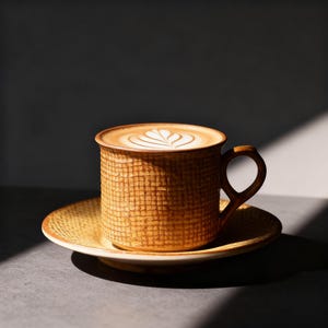 May include: A ceramic coffee cup and saucer set. The cup is filled with a latte, topped with a decorative foam design. The cup and saucer are a textured, warm brown color. The cup has a handle.