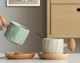 Custom Engraved Mug Set, Cream Sage Green Gift