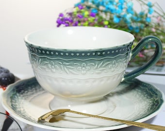 Vintage Embossed Ceramic Cup & Saucer | Dark Green Retro Tea Set