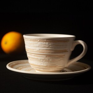 Puede incluir: Un juego de taza y platillo de cerámica color crema con un diseño de rayas horizontales texturizadas. La taza tiene un asa curvada. Una fruta naranja borrosa está en el fondo sobre un fondo negro. El juego está diseñado para servir té o café.