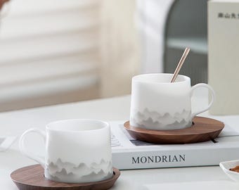 Personalized Ceramic Mugs, Hand Painted Mountain Ink Wash Design, Couple Gift Set