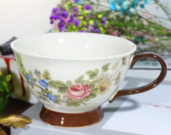 Vintage Floral Ceramic Coffee Cup & Saucer | Hand-Painted Rose Mug