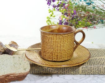 Woven Texture Ceramic Coffee Cup & Saucer | Brown Rustic Tea Set