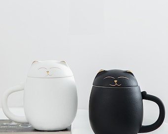 Personalized Lucky Cat Mug, Engraved Ceramic Cup for Cat Lovers