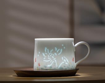 Handmade Linglong Porcelain Lotus Mug Set with Coaster