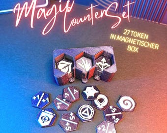 Magic the Gathering Counter Set – 27 Tokens & Markers with Magnetic Box – 3D Printed MTG Accessories | EDH | TCG | Ability Counter | +1 +2