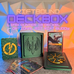 Riftbound Deck Box | 100 carte | Magnetico | con conta-vita e slot per caricamento dall'alto | Set di conta-risposte Rift Buddy opzionale | Fatto a mano in Germania