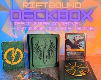 Riftbound Deck Box | 100 carte | Magnetico | con conta-vita e slot per caricamento dall'alto | Set di conta-risposte Rift Buddy opzionale | Fatto a mano in Germania