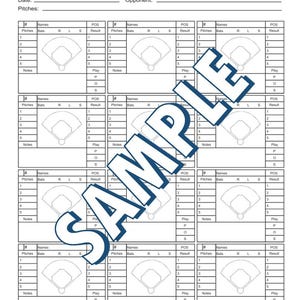 May include: A baseball spray chart with multiple grids for tracking pitches, hits, and results. The chart includes fields for date, opponent, and player names, with a large "SAMPLE" watermark across the image.