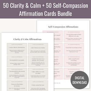 Könnte beinhalten: Ein Bündel von Affirmationskarten für Klarheit, Ruhe und Selbstmitgefühl. Die Karten zeigen Affirmationen in einem Rasterlayout, mit den Worten "Clarity & Calm Affirmations" und "Self-Compassion Affirmations". Ein digitaler Download ist ebenfalls verfügbar.