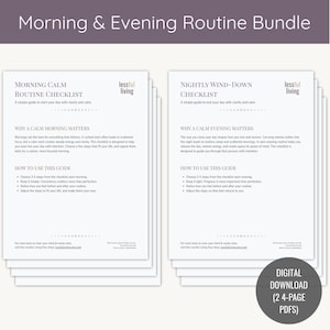 Pode incluir: Um pacote de PDFs digitais intitulado "Morning & Evening Routine Bundle". O pacote inclui um "Morning Calm Routine Checklist" e um "Nightly Wind-Down Checklist". As listas de verificação são projetadas para ajudar os usuários a começar e terminar o dia com clareza e calma.