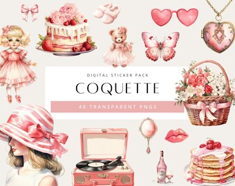 Coquette Theme Digital Stickers, Coquette Watercolor Goodnotes Stickers, Everyday Life Stickers for iPad, Pink Stickers Digital Planner
