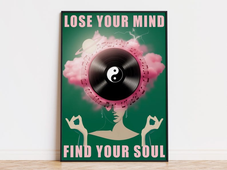 Lose Your Mind Find Your Soul Print with vinyl record and yin-yang symbol.