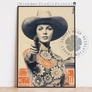 Retro Cowgirl Print: Vintage Western Decor Halftone-inspired line illustration (Digital Download)