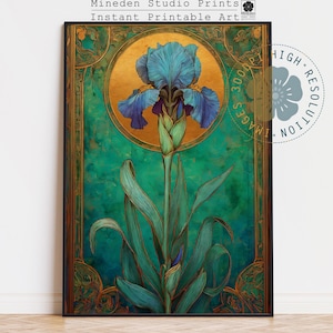 Blue Iris Art Nouveau Print: Botanical Boho Poster (Digital Download)