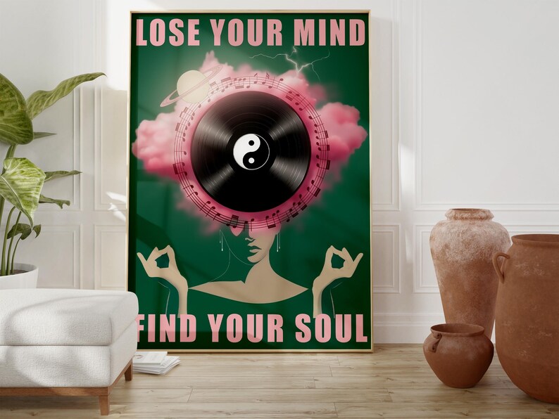 Vintage print with bold text and artistic flair.