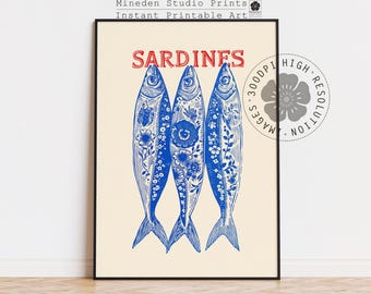 Sardines Art Print – Porcelain Fish Illustration, Coastal Kitchen Artwork (Digital Download)
