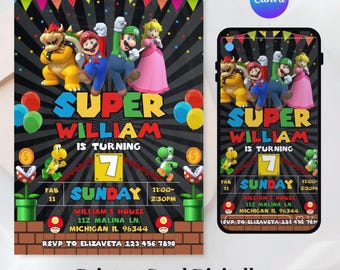 Editable Watercolor Super Mario Birthday Invitation, ANY AGE Nitendo Boy Girl Birthday Invite, Modern Mario Bross Game Invitation CANVA