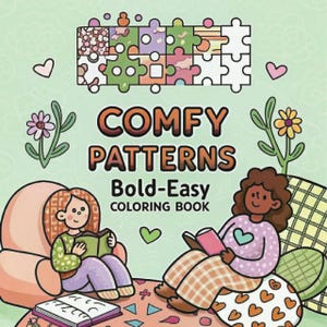 May include: A coloring book cover with the title "COMFY PATTERNS" in orange and brown. The cover features two cartoon figures reading books, surrounded by hearts and flowers. The book is labeled "Bold-Easy COLORING BOOK".